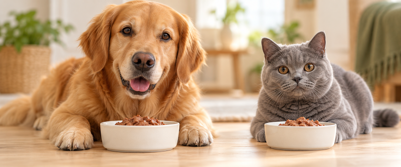 Hund und Katze vor zwei Näpfen mit Nassfutter