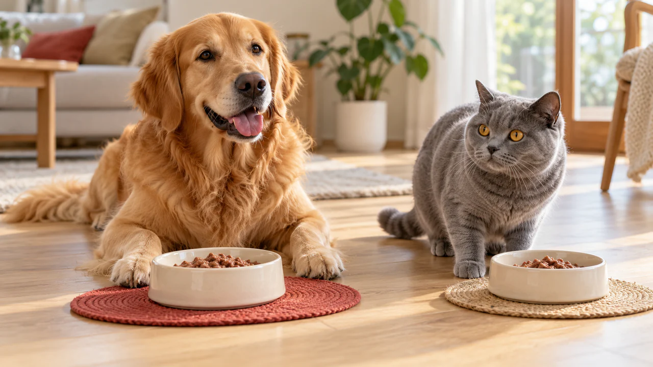 Golden Retriever und graue Katze an getrennten Futternäpfen